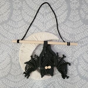 boho halloween | handmade macrame crescent moon & bat | wall art hanging wreath